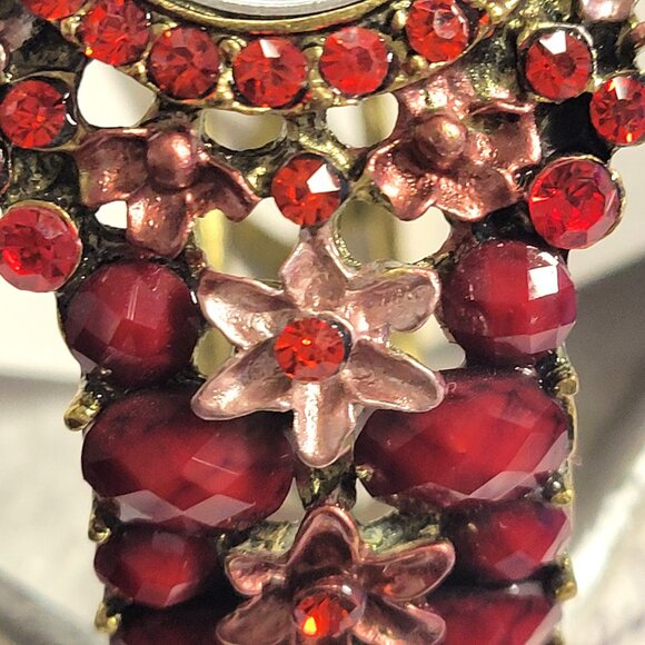 Red Floral Rhinestone Watch Cuff Band Round Face Ornate Fashion Watch - NEW ! - Picture 12 of 16